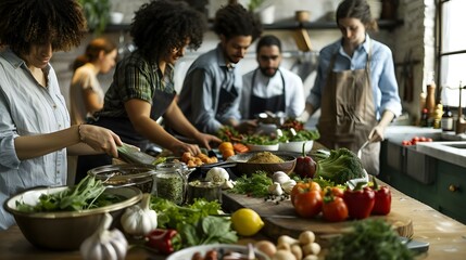 Group preparing natural foods in the kitchen
