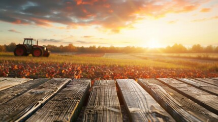 Obraz premium Empty wooden table top with farm landscape using a white tractor during the fall season. sunset light background agricultural concept