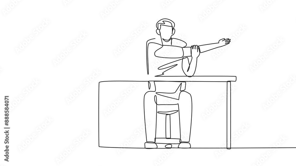 Poster animated self drawing of single continuous line drawing man sitting in a work chair with his arms cr
