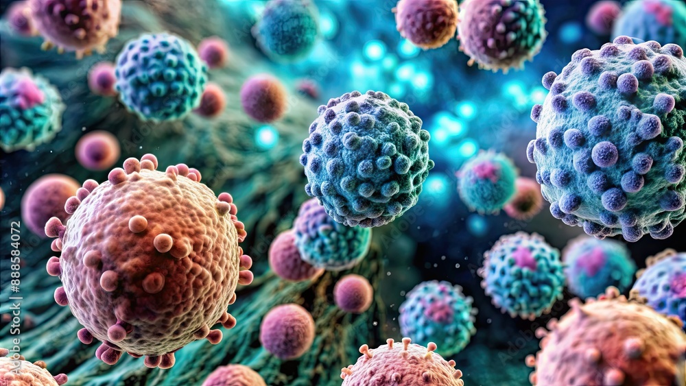 Poster rendering of microscopic human and cancer cells on science day background, , rendering, microscopic