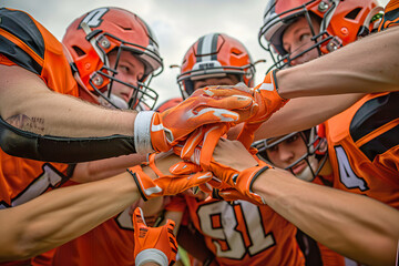 A group of young men are huddled together.