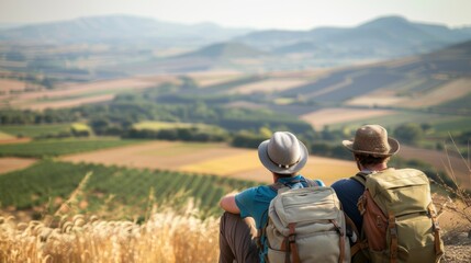 Hikers resting on a hilltop with panoramic views of a patchwork of farmland below, scenic crops, rural exploration