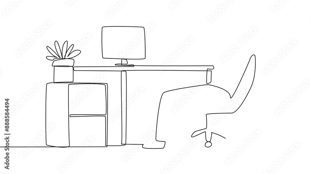 Poster self drawing animation of single one line drawing relaxed man sitting in a work chair with his hands