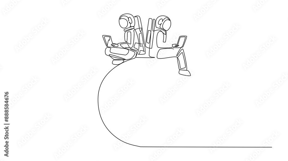 Poster animation of a single one line drawing of two astronauts sitting typing laptop on a globe. make expe