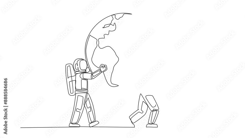 Poster self drawing animation of continuous one line drawing globe is carried by astronaut assisted by othe