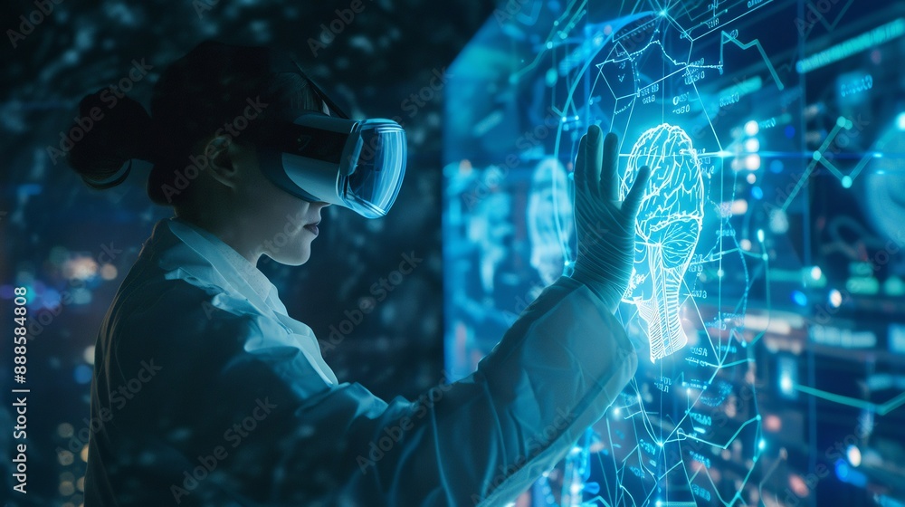 Poster scientist exploring virtual brain with vr headset