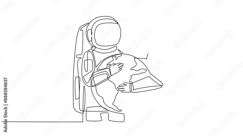 Poster self drawing animation of continuous one line drawing astronauts hug each other hugging globe. love 