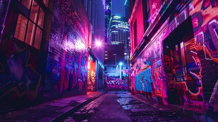 Naklejka premium Graffiti buildings at night with neon lights