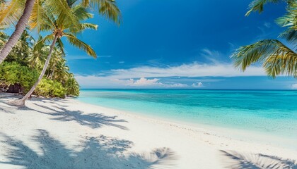 Obraz premium Beautiful tropical beach with palm trees, sunset beach seascape, design template for travel banner.