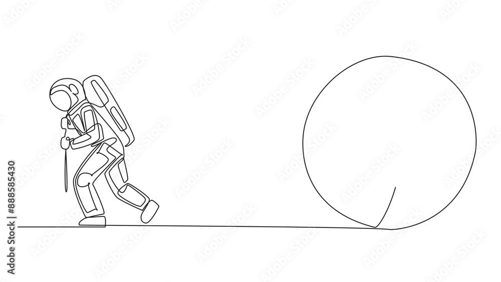 Poster self drawing animation of continuous one line drawing astronaut struggled to pull globe. earth is al