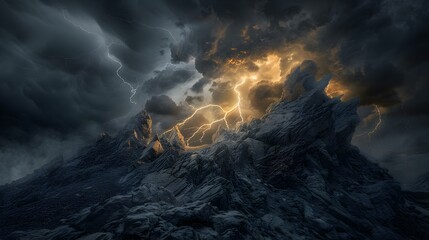 Fototapeta premium Ominous storm clouds above jagged rock formation