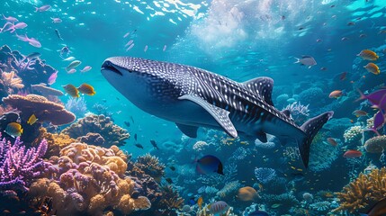 Fototapeta premium Whale Shark Swimming through a Vibrant Coral Reef.