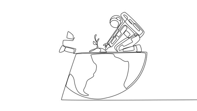 Animation of single continuous line drawing two astronauts work together to plant seeds and water it. Slowing depletion of the ozone layer. Cosmonaut caring a lot to the earth. Full length motion