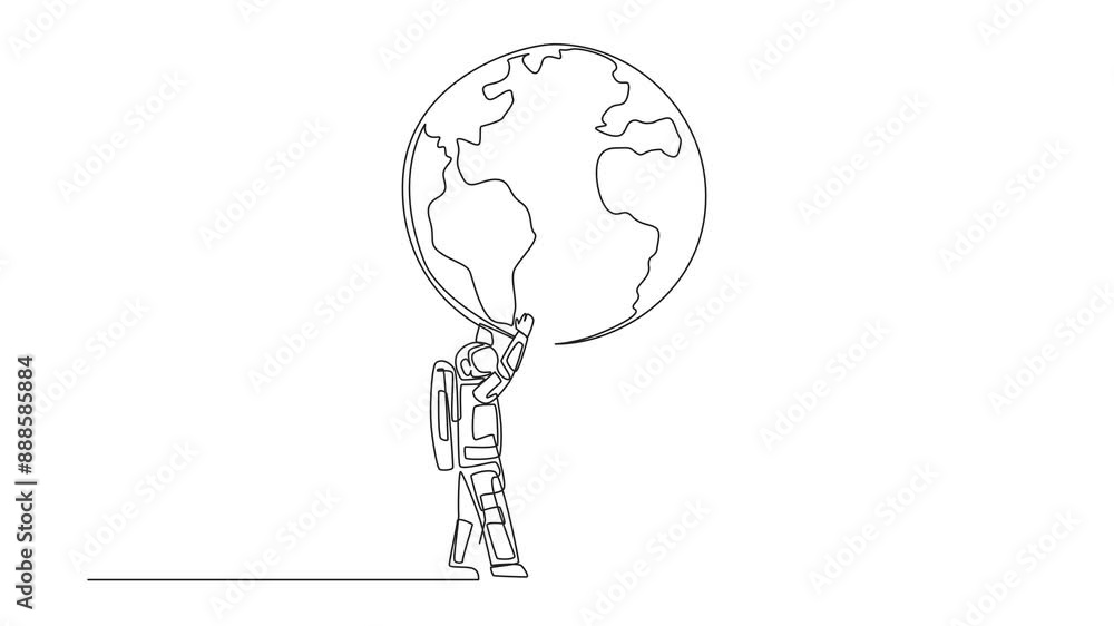 Poster self drawing animation of single one line drawing two astronauts hold up globe together with both ha