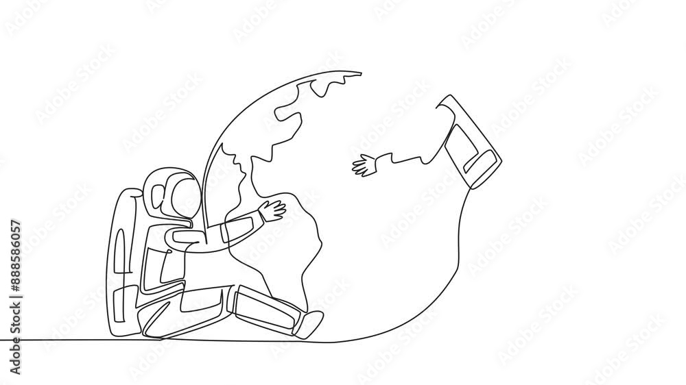 Poster animated self drawing of single continuous line drawing two astronauts hugging globe. best message f