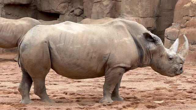 Extreme close up view of an African White Rhinoceros and its herd over a sandy and rocky landscape in Zambia.  4K 60FPS. Handheld camera.