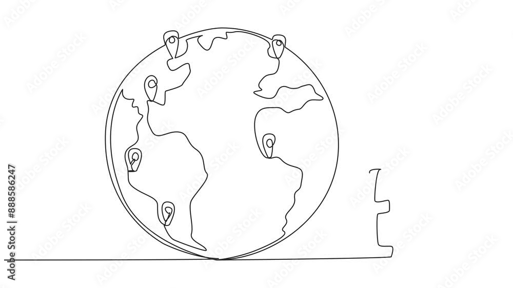 Poster animated self drawing of continuous one line drawing astronaut places a pin location point on surfac