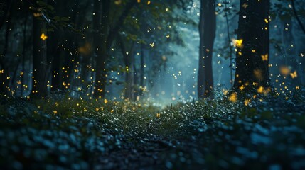 Photograph of fireflies glistening in the night. fantasy magic forest fairy tale concept