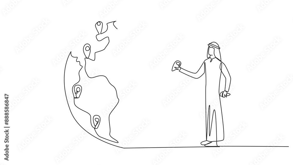 Poster animated self drawing of single one line drawing arab man places pin location point on surface of gl