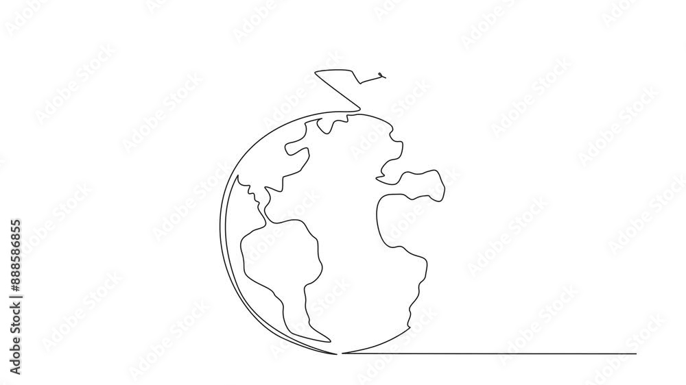 Poster animated self drawing of single one line drawing an airplane driven by a man on a globe. pollutes he