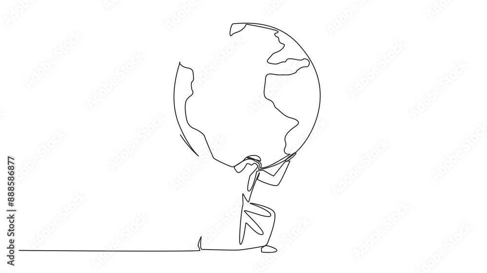 Poster self drawing animation of single continuous line drawing arab man kneels while cradling a globe. do 
