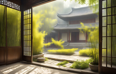 Spring morning, Chinese Siheyuan, courtyard, bamboo forest, light yellow gauze, transparent, a Kui tree flower in front of the door, vista courtyard cluster, depth of field, bright scene, gorgeous lig