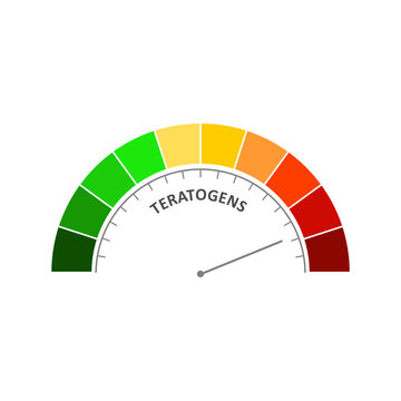 Meter scale with arrow. Teratogens measuring device icon. Sign tachometer, speedometer, indicator. Illustration in flat style. Infographic gauge element. Health care concept.