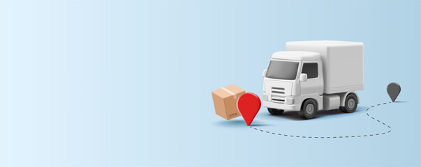 White truck, box, path, tracking, 3D. For logistics concepts, order delivery service. Vector