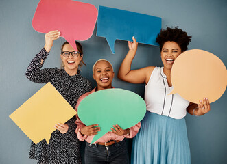 Business team, portrait and speech bubble on wall background with networking, chat or...