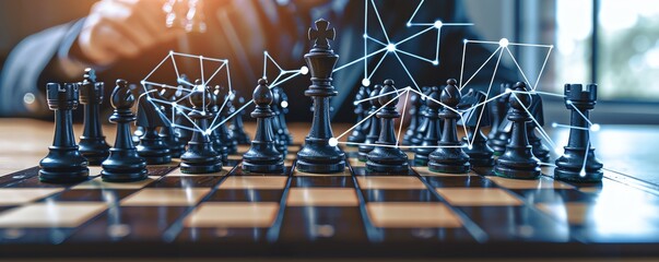 AI driven project planning with digital chessboard and overlays, strategic design, ample copy space