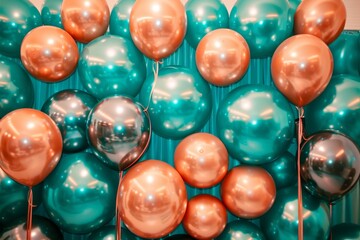 A Wall of Metallic Balloons in Teal and Copper