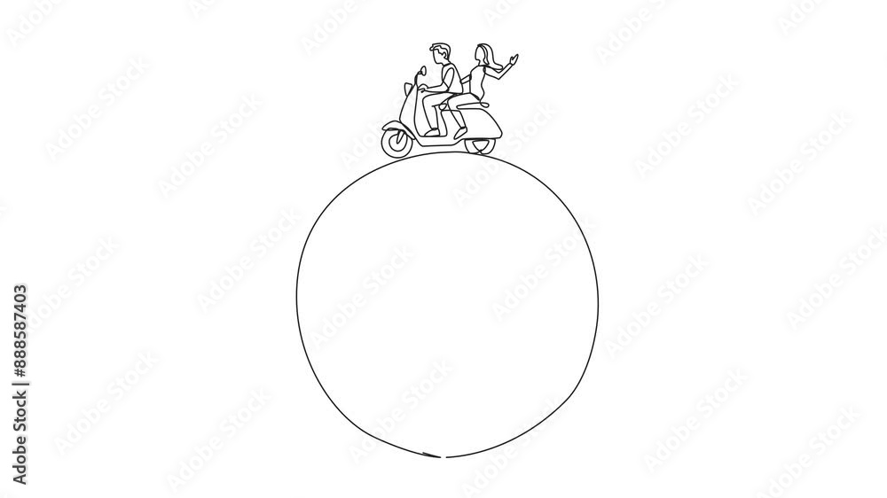 Poster self drawing animation of a single continuous line drawing of a young couple riding a motorbike on a