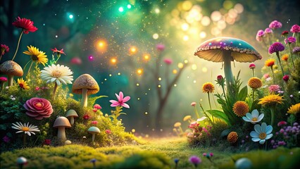Enchanting fairy's garden with vibrant flowers, whimsical mushrooms, and sparkling fairy dust, fairy, garden, magical