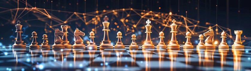 AI enhanced project planning with chess pieces and digital overlays, clean design, ample copy space