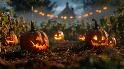 scene of a pumpkin patch at dusk with spooky