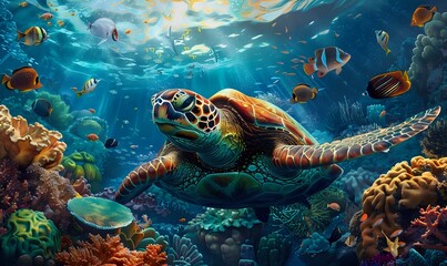 Obraz premium Sea Turtle Swimming Through Vibrant Coral Reef.
