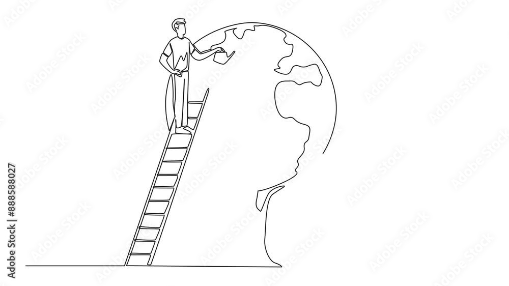 Poster animation of continuous one line drawing of a man climbs a ladder watering a tree whose leaves form 