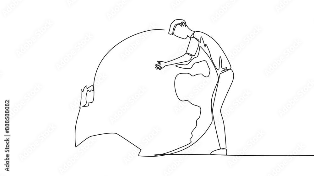 Poster self drawing animation of a single continuous line drawing a man and woman hugging the globe in thei