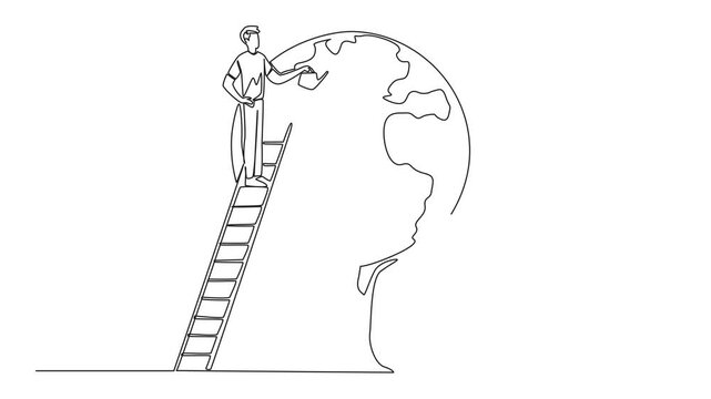Animation of continuous one line drawing of a man climbs a ladder watering a tree whose leaves form a globe. Working together to make the earth keep green. No pollution. Full length motion