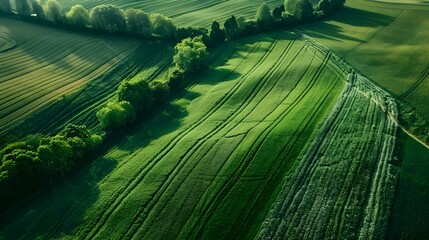 Aerial view of green fields with crops and harvests