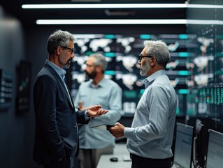 Business professionals discussing data analysis in a modern office with digital screens and technology in the background.