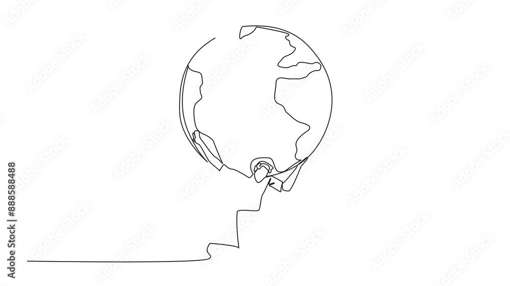 Poster animated self drawing of single continuous line drawing a man kneels while cradling a globe. alone i
