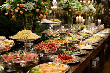buffet foods on long table, Celebration, luxury food