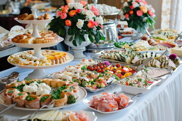 buffet foods on long table, Celebration, luxury food