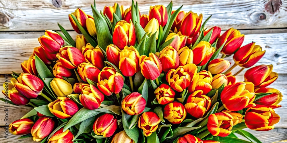 Sticker Vibrant bouquet of red and yellow tulips , spring, flowers, floral arrangement, fresh, colorful, nature, blooming