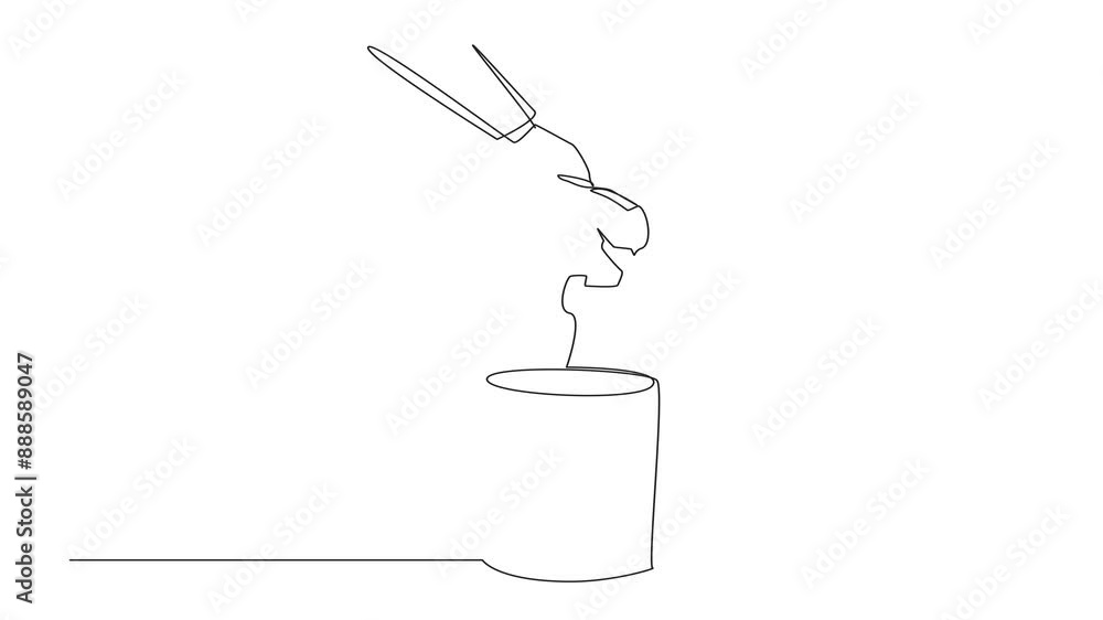 Poster self drawing animation of single one line drawing businessman's hand throwing away broken piggy bank