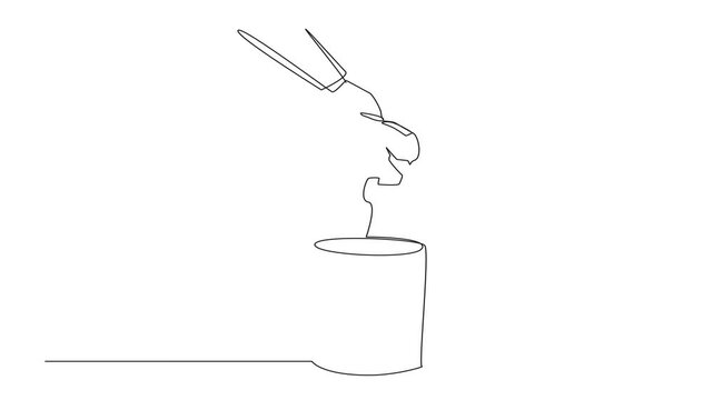 Self drawing animation of single one line drawing businessman's hand throwing away broken piggy bank. Find source of investment failure. Replace with a better and more reliable. Full length animated