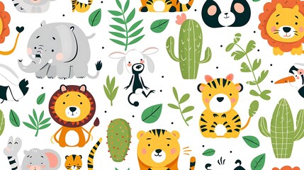 Seamless pattern with cute cartoon animals and plants on white background
