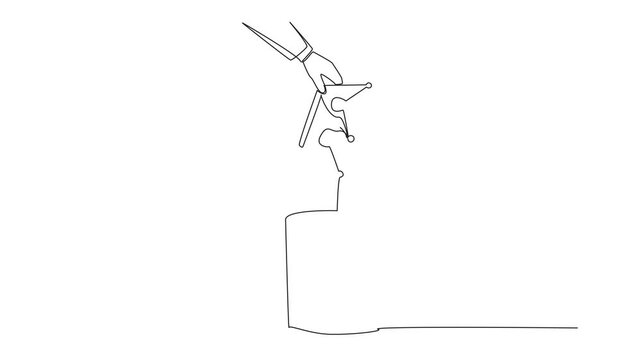 Animated self drawing of single one line drawing businessman's hand throwing away broken crown. Replacing arbitrary sovereigns. More prosperous. Happier than before. Better life. Full length animation