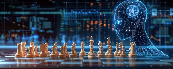 Project management board with AI holograms and chessboard layout, strategic design, ample copy space